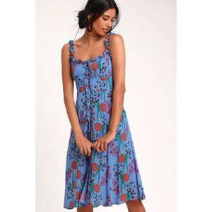 ASTR The Label Blended Blue Floral Print Midi Dress Women's Size Medium M